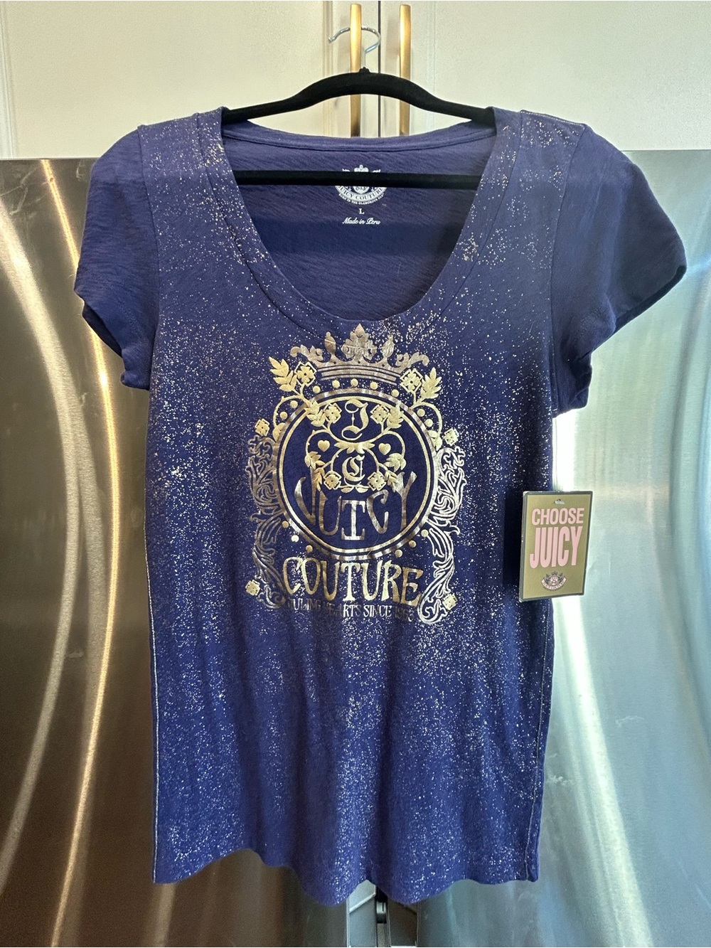 Juicy Couture Dark Blue Short-Sleeve Tee with Metallic Gold Crest